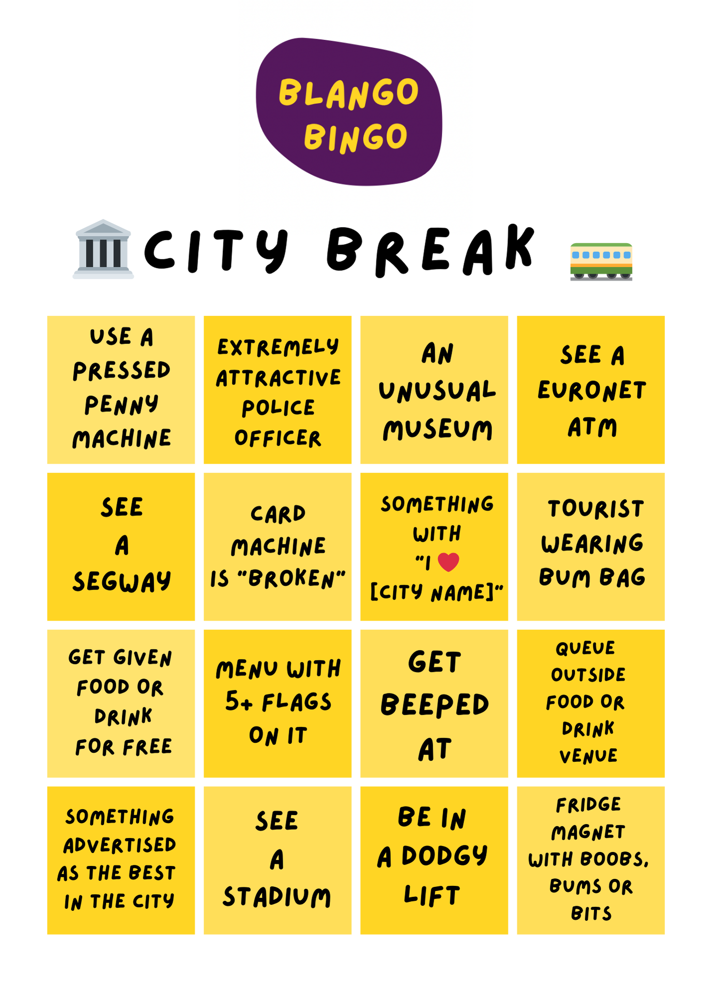 A bingo card for a city break trip 