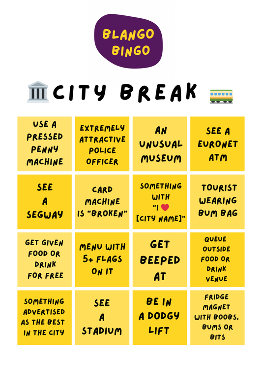 A bingo card for a city break trip 