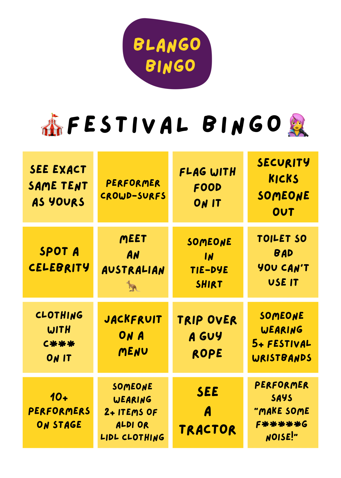 Festival bingo card